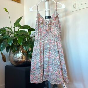 Lush Neon Black White dots Ruffled crossback Summer mini Dress Sz S Faux wrap